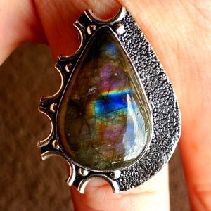 New Labradorite 6 Horned Crescent Moon 925 Silver Ring.